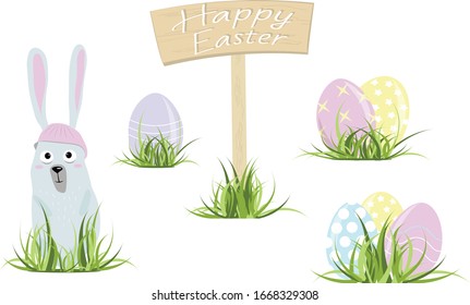 Ilustración linda de Pascua con conejo, huevos, inscripción. Conjunto de elementos de primavera para postales, patrones y fondos de pantalla. Conjunto de vectores. 