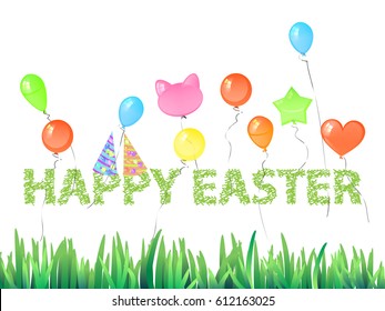 Easter cute illustration for your design. Inscription and balloons fly up against a white background