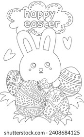 Easter cute Kawaii Bunny with Decorative Eggs coloring page for Children with Elements. Kids Coloring Pages.