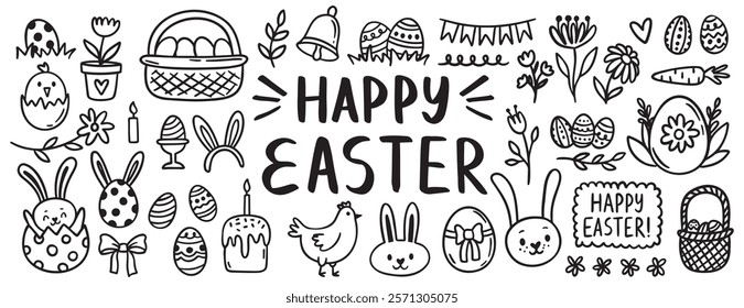 Easter cute line bunny, chicken, egg hunt, eggs, basket and flowers, decor elements doodle hand drawn icon set. Outline drawing easter line clipart symbol collection. Vector illustration