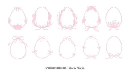 Easter cute line hand drawn doodle ribbon frames with bows. Willow, tulip, springflowers wreath. Greeting card, invitation template, happy celebration handwritting concept. Pencil scribble