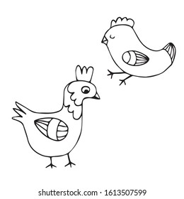 Easter. Cute little chicken in doodle style isolated on white background. Outline vector illustration and stocks Coloring book.  Livestock Chicken. Element for greeting cards, stickers.