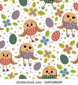 Easter cute little chickens seamless pattern. 
Easter eggs. Vector illustration.