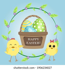 Pascua linda niñita y chica amarilla. Huevos pintados en una canasta. La corona de Pascua. Postal para Pascua. Felicidades. Diseño de vectores.