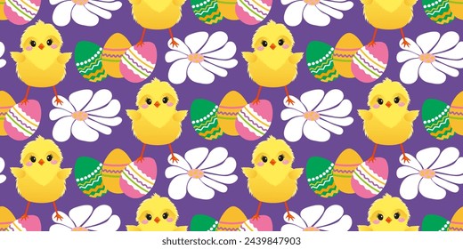 Easter cute pattern with chicken, daisies, colored eggs. The cheerful Easter design for background, digital paper, wallpaper, fabric. Seamless pattern. Vector illustration.