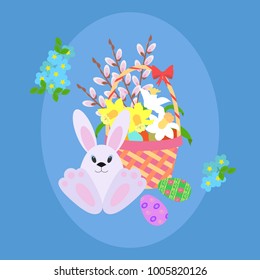 Easter, cute postcard with basket, eggs, flowers and rabbit on blue background. Vector illustration.