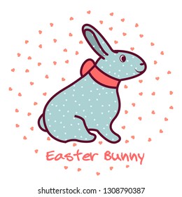 Easter cute rabbit with a bow and a pattern of hearts on a smoky skin. Banner card for congratulations on the feast of Holy Easter. On the background of the pattern of hearts. White background. Vector