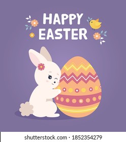 Easter cute rabbit with Easter egg. Vector illustration isolated. Happy Easter greeting card. Easter holiday banner design with cute bunny character.
