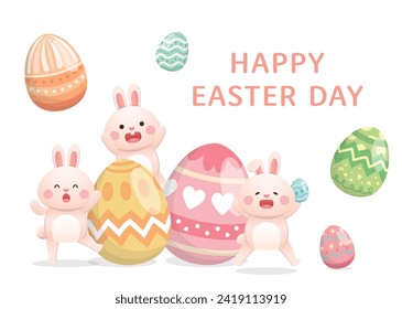 Easter with cute rabbit mascot, colorful eggs, invitation cards and posters