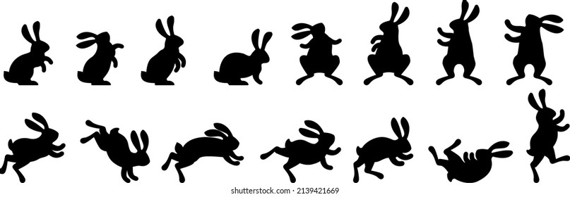 Easter cute rabbit silhouette set. Cheerful rabbit sits, jumps and dances on its hind legs. Funny hare. Zodiac sign. Easter traditions. Mid autumn Festival. Vector cartoon illustration.