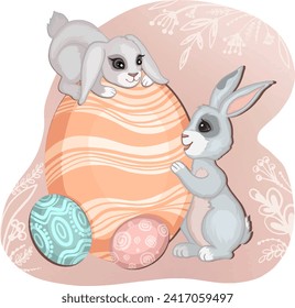 Easter cute rabbits with decorative eggs flat vector illustration. Hand drawn vector decorative Easter eggs and grey bunnies isolated on transparent background. Happy Easter concept. Trendy design. 