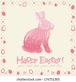 Easter cute scribble bunny silhouette hand drawn in eggs and polka dot decorative frame
