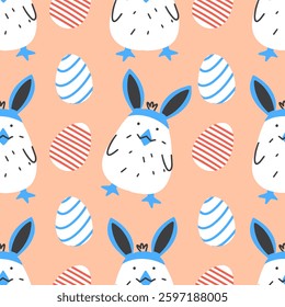 Easter cute seamless pattern with baby chicken with ears and eggs. Vector hand-drawn print