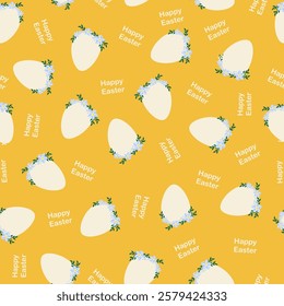 Easter cute seamless pattern with Easter eggs decorated with floral arrangement and words Happy Easter. Vector illustration