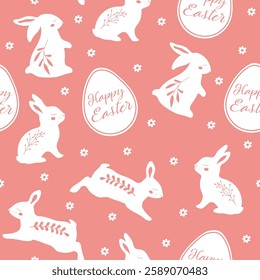 Easter cute seamless pattern with eggs and bunnies decorated with flowers on pink background