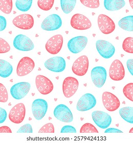 Easter cute seamless pattern with painted Easter eggs in blue and pink colors and small hearts. Vector illustration