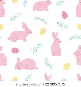 Pascua lindo patrón sin costura con lindos conejos blancos y huevos de Pascua. Ilustración vectorial.