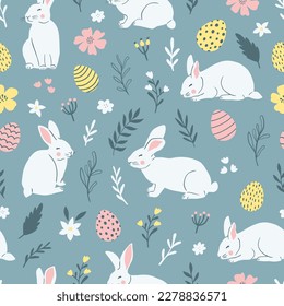Easter cute seamless pattern and cute white rabbits   Easter eggs  Vector illustration 