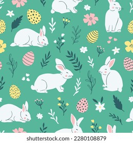 Easter cute seamless pattern with cute white rabbits and Easter eggs. Vector illustration.