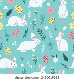 Easter cute seamless pattern with cute white rabbits and Easter eggs. Vector illustration.