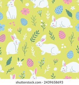 Easter cute seamless pattern with cute white rabbits and Easter eggs. Vector illustration.