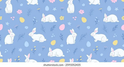 Easter cute seamless pattern with cute white rabbits and Easter eggs. Vector illustration.