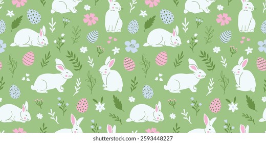 Easter cute seamless pattern with cute white rabbits and Easter eggs. Vector illustration.