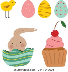 Easter cute set with bunny, bird and eggs
