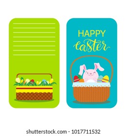 Easter cute stickers and cards for invitation or congratulation. Vector colorful notes with happy Easter calligraphic inscription and symbols.