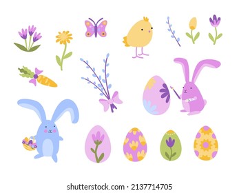 Easter cute stickers. Colorful set of Easter eggs, bunnies, chicken, willow and flowers.