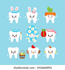 Easter cute teeth dental icon set isolated. Dentist white tooth character with bunny ears, easter basket, candle, in egg, hen, chicken costume. Flat cartoon vector kids dentistry clip art illustration