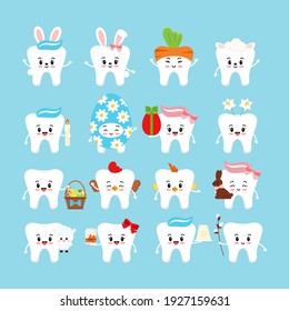 Easter cute teeth dental icon set. Dentist white tooth character: cake, bunny ears, willow, curd easter basket, candle, egg, hen, chicken costume. Flat cartoon vector dentistry clip art illustration.