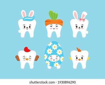 Easter cute teeth dental icon set isolated. Dentist white tooth mascot character with bunny ears, in egg, carrot, hen, chicken costume. Flat cartoon vector easter kids dentistry clip art illustration.