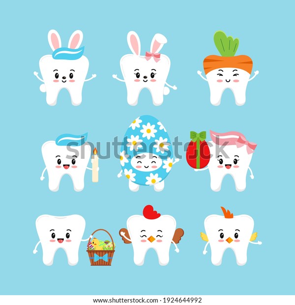 Easter cute teeth dental icon set isolated.\
Dentist white tooth character with bunny ears, easter basket,\
candle, in egg, hen, chicken costume. Flat cartoon vector kids\
dentistry clip art\
illustration
