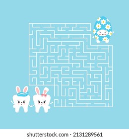 Easter cute teeth kids maze game activity. Help  teeth boy and girl with bunny rabbit ears to find right way to his friend easter egg in labyrinth. Vector flat design easy kid puzzle illustration.