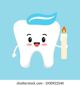 Easter Cute Tooth With Candle Dental Icon Isolated On Background. Dentist White Teeth Orthodox Easter Character And Church Candle. Flat Cartoon Vector Kids Dentistry Clip Art Illustration