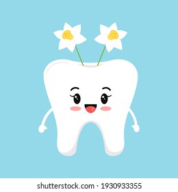 Easter cute tooth with narcissus accessory dental icon isolated on background. Dentist white teeth easter character with daffodils on head. Flat cartoon vector kids dentistry clip art illustration