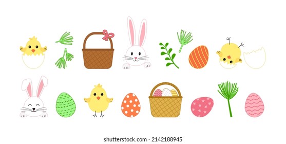 Easter cute vector icons, cartoon rabbit and egg hunt, spring basket, chick with shell, happy bunny isolated on white background. Holiday illustration