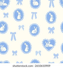 Easter Cute vintage seamless pattern with blue bunnies. Hand drawn coquette doodles. Ribbon bow. Vector