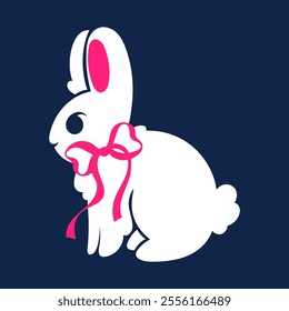 Easter cute white rabbit with pink bow. Illustration in ballet coquette core style on dark blue background. Print for children's women's clothing.