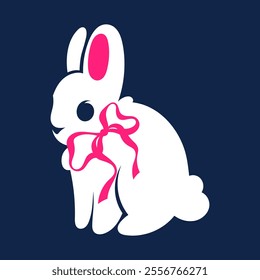 Easter cute white rabbit with pink bow. Illustration in ballet coquette core style on dark blue background. Print for children's women's clothing.