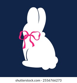 Easter cute white rabbit with pink bow. Illustration in ballet coquette core style on dark blue background. Print for children's women's clothing.