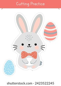 Easter cutting practice activity with cute bunny and Easter eggs. Educational game for preschool and kindergarten kids. Scissor skills activity	