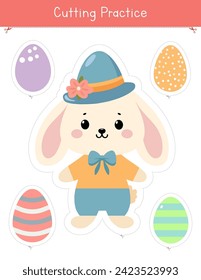 Easter cutting practice activity with cute bunny and Easter eggs. Educational game for preschool and kindergarten kids. Scissor skills activity	
