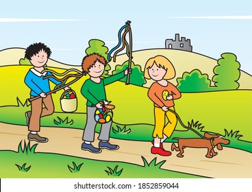 Easter, Czech tradition, children with eggs and knitted rod, vector illustration