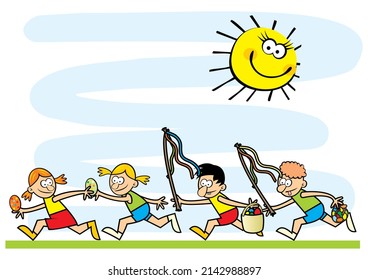 Easter, Czech tradition, running children with eggs and knitted rod, vector illustration