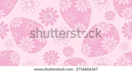 Easter Daisy Seamless Pattern, Pink Floral Eggs, Retro Design For  Holiday Decor. Seamless floral Easter pattern with daisies and decorated eggs in pastel pink tones. Flat design with retro aesthetic. Vector repeat perfect for textile printing, wrapping paper and holiday decor.
