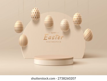 Easter day 3D golden cylindrical podium background with Luxury Easter eggs wall scene. Minimalist mockup pedestal. Abstract stands product display presentation, Stage showcase. Platforms vector design