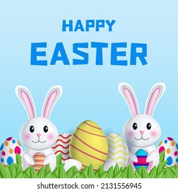 ilustración 3d del día de Pascua con dos conejos sosteniendo huevos. diseño de vector feliz día de la Semana Santa