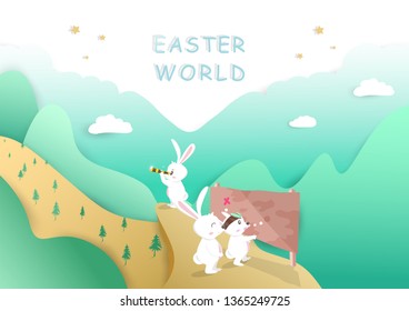 Easter day, adventure rabbit cartoon poster, paper cut style background, greeting card vector